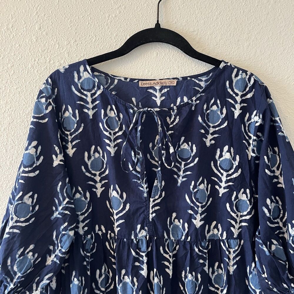 Dress Addict Women's Mini Dress Size Med Blue Batik Tiered Boho Puff Sleeve Chic - Picture 4 of 16